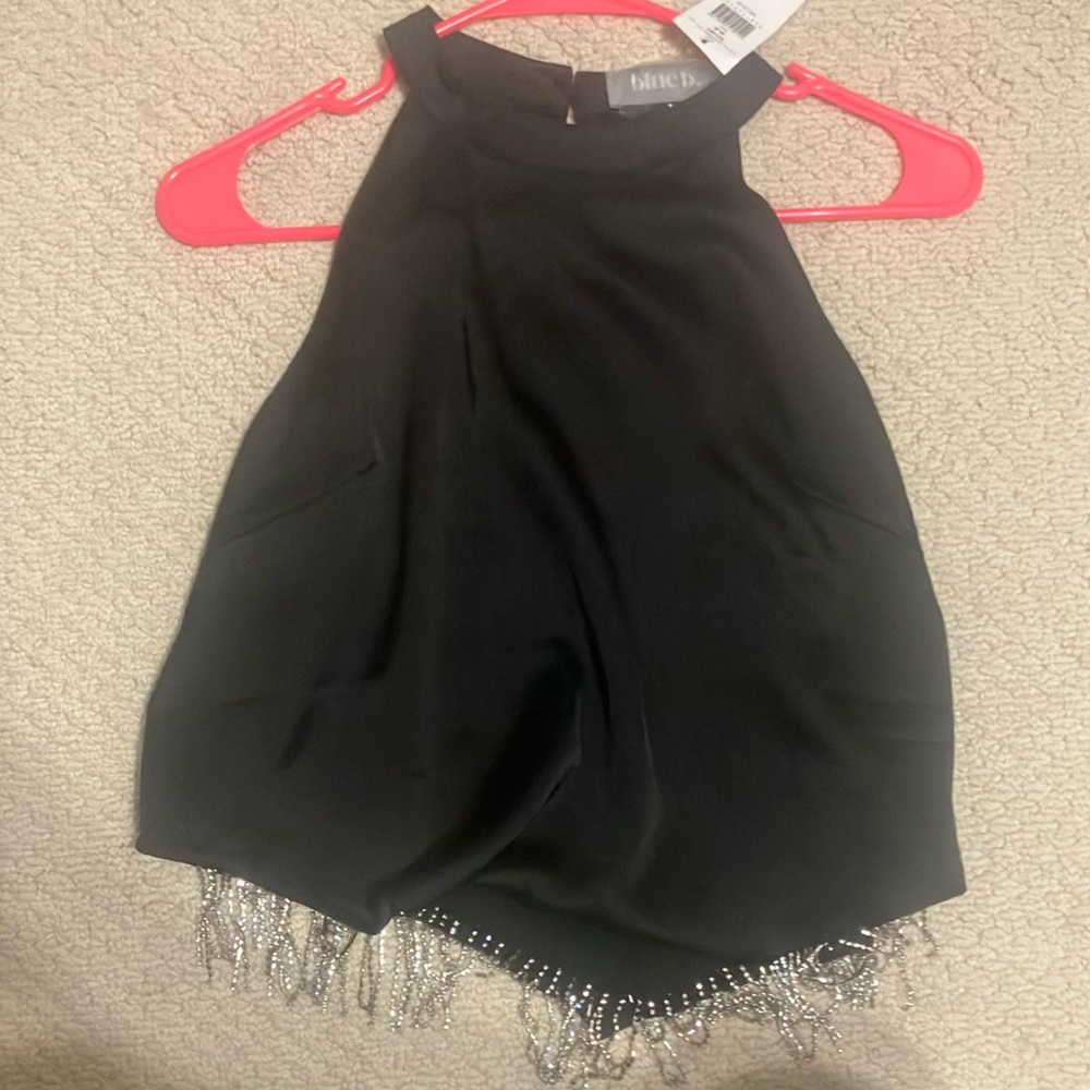 Buckle Black Crop Top with Silver Fringe